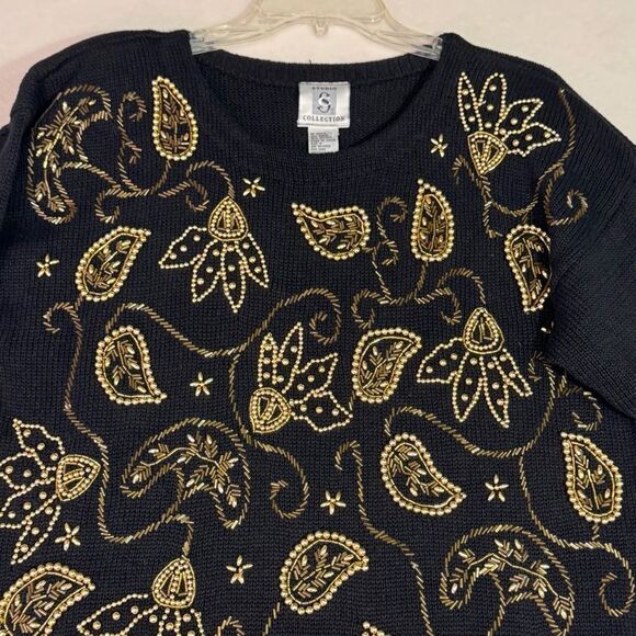 Studio Collection Vintage Black Sweater Mini dress Gold beaded tunic Sz M - Picture 6 of 8